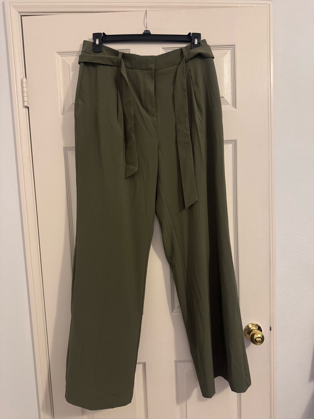 Calvin Klein Olive Green High-Waist Wide Leg Trousers with Tie Belt